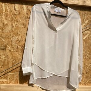 Kim Rogers cream Asymmetrical Long Sleeve Blouse (neckline adorned tiny diamonds